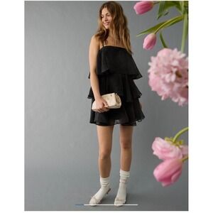 American Eagle Black Tiered‎ Ruffle Mini Dress Strapless Babydoll XS New